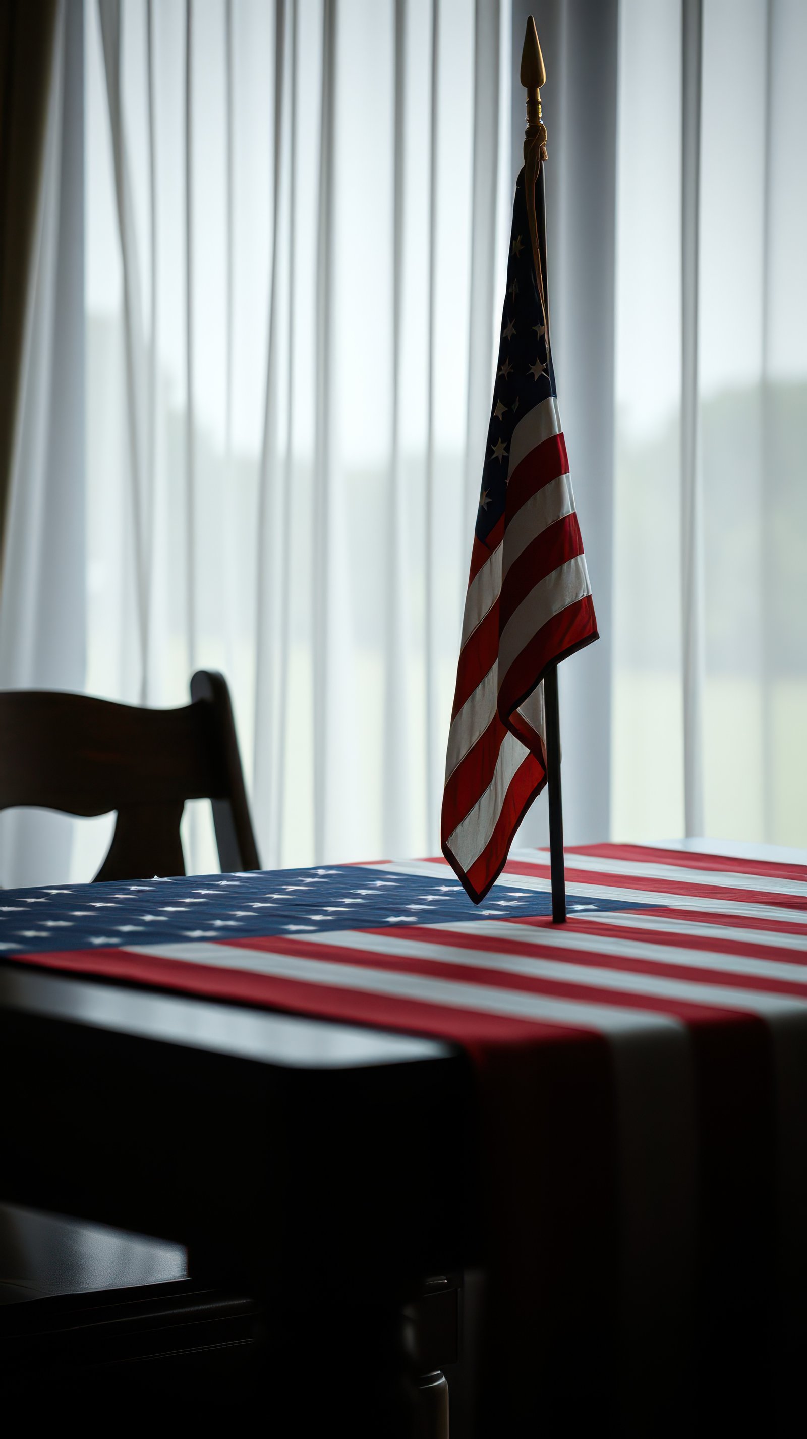 Table decorated with American flag under soft window light during a calm morning setting